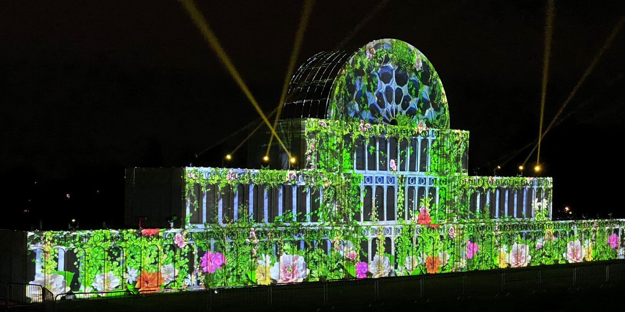 A lit-up representation of Crystal Palace at the Lightopia display