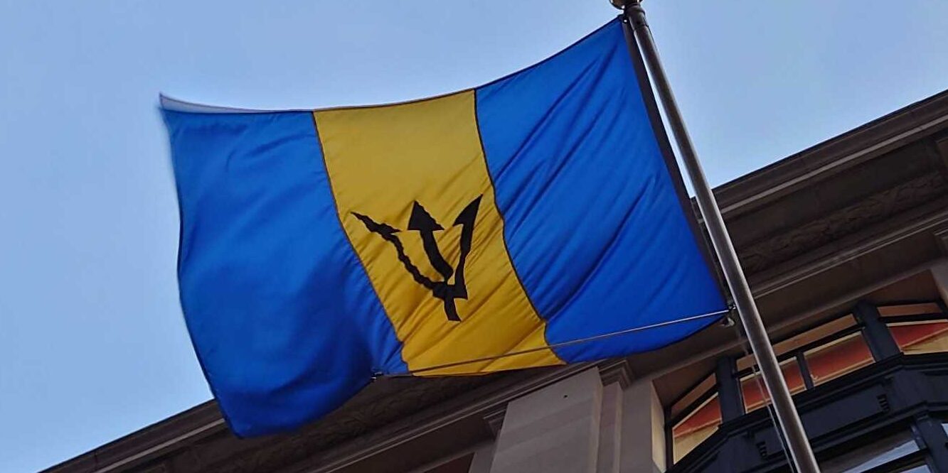 Barbados Flag, flying from the Barbados Embassy in London