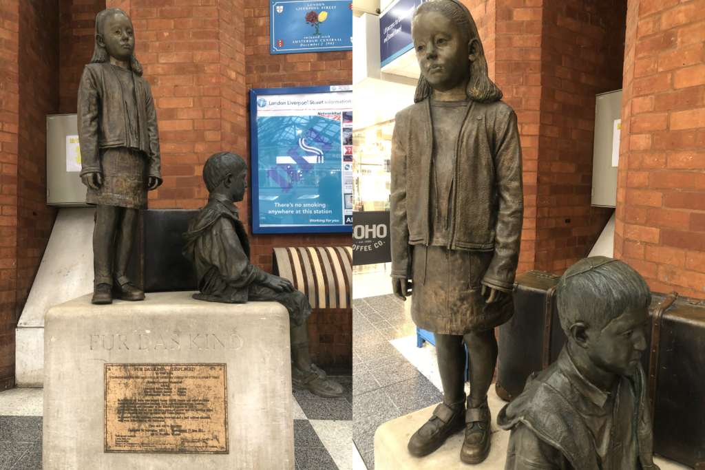 Two pictures show the Kindertransport memorial statues of two children at Liverpool Street Station.