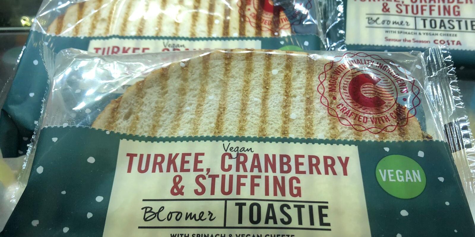 Picture of the packaging of a vegan turkey, cranberry and stuffing toastie from Costa.