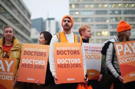 NHS resident doctors outside St Thomas' Hospital in London, last month. Photograph: James Manning/PA Wire